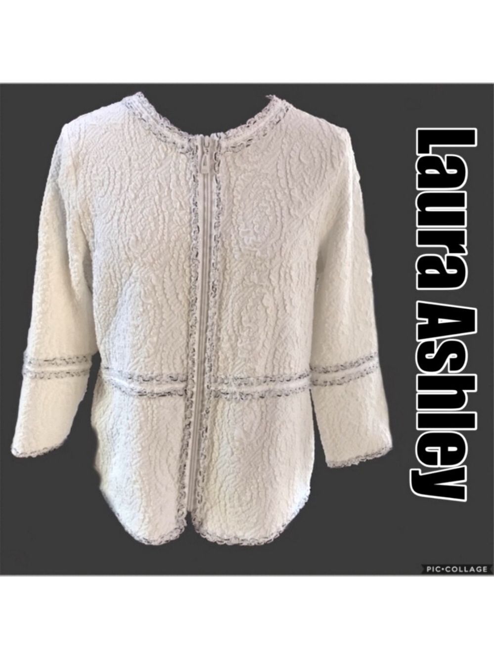 Laura Ashley Zip Up Jacket Top Searsucker Style White Size Medium